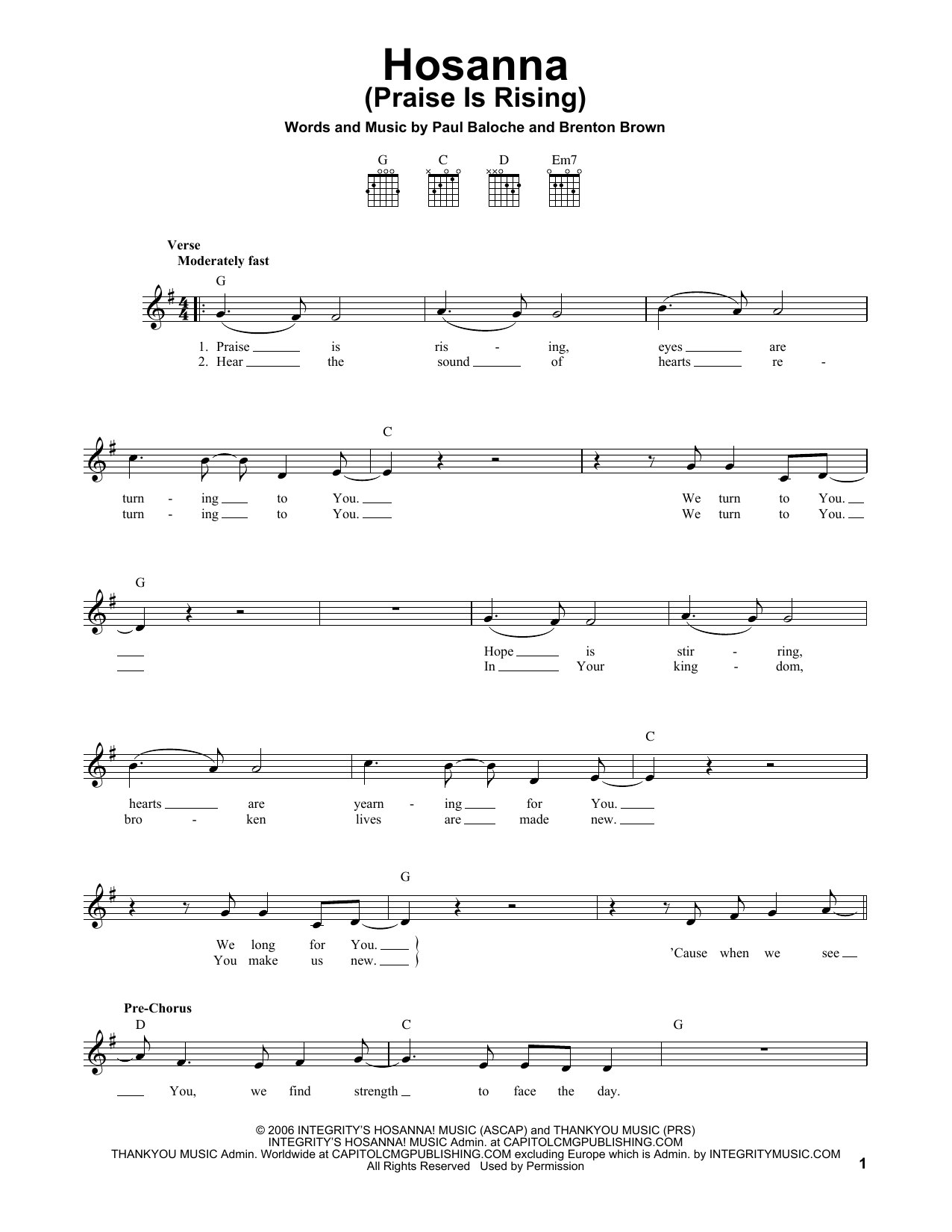 Brenton Brown Hosanna (Praise Is Rising) sheet music notes and chords arranged for Easy Guitar