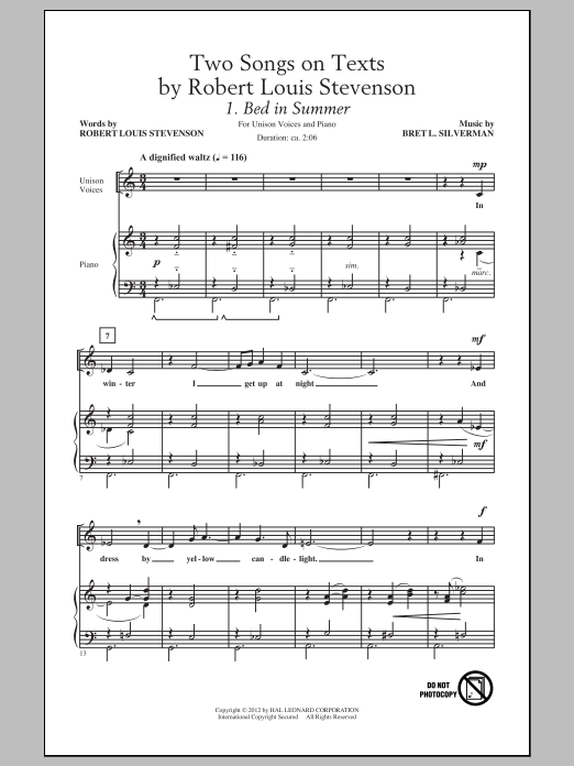 Bret L. Silverman Two Songs On Texts By Robert Louis Stevenson sheet music notes and chords arranged for Unison Choir
