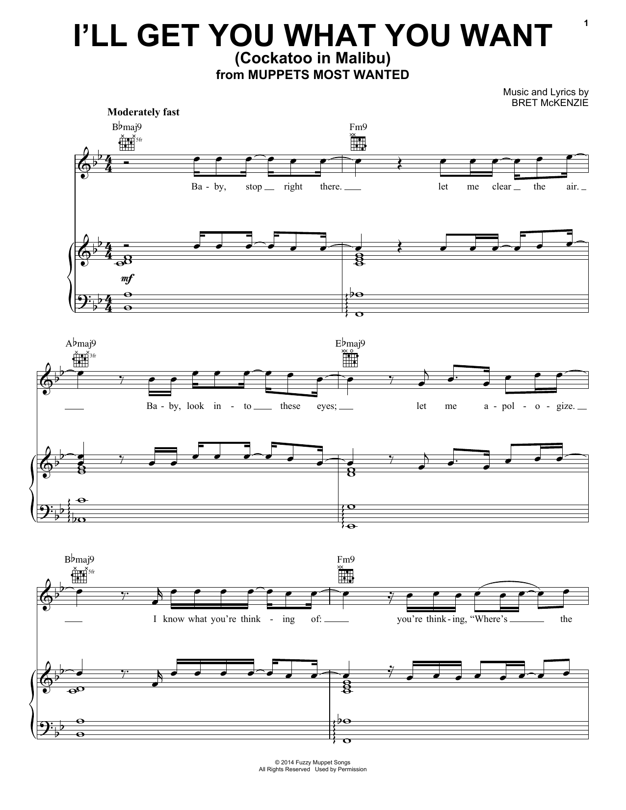 Bret McKenzie I'll Get You What You Want (Cockatoo In Malibu) (from Muppets Most Wanted) sheet music notes and chords arranged for Piano, Vocal & Guitar Chords (Right-Hand Melody)
