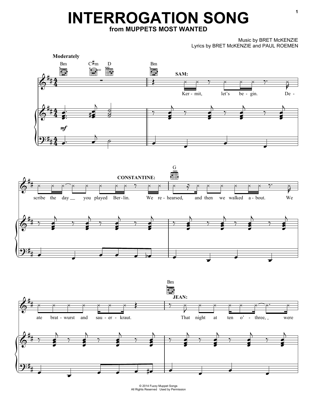 Bret McKenzie Interrogation Song (from Muppets Most Wanted) sheet music notes and chords arranged for Piano, Vocal & Guitar Chords (Right-Hand Melody)