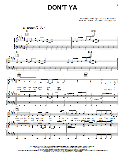 Brett Eldredge Don't Ya sheet music notes and chords arranged for Piano, Vocal & Guitar Chords (Right-Hand Melody)