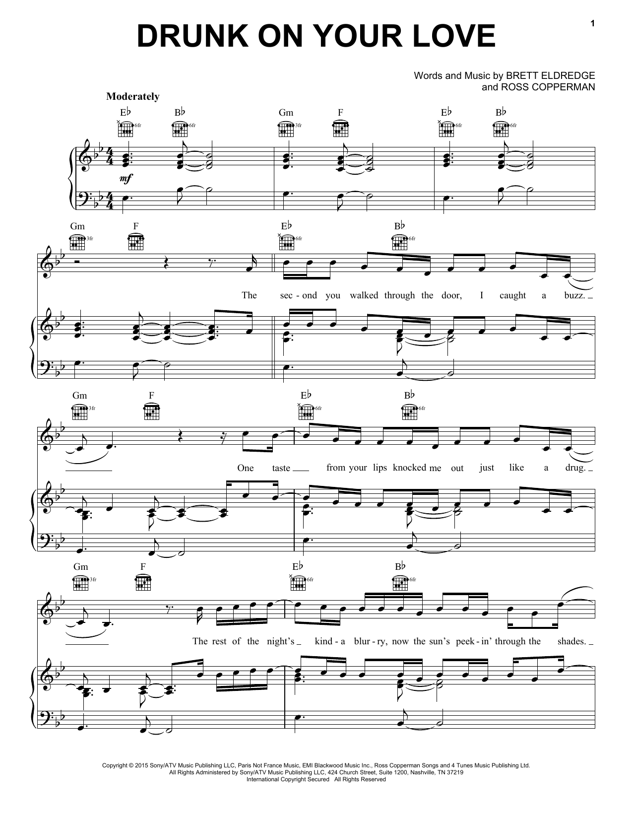 Brett Eldredge Drunk On Your Love sheet music notes and chords arranged for Piano, Vocal & Guitar Chords (Right-Hand Melody)