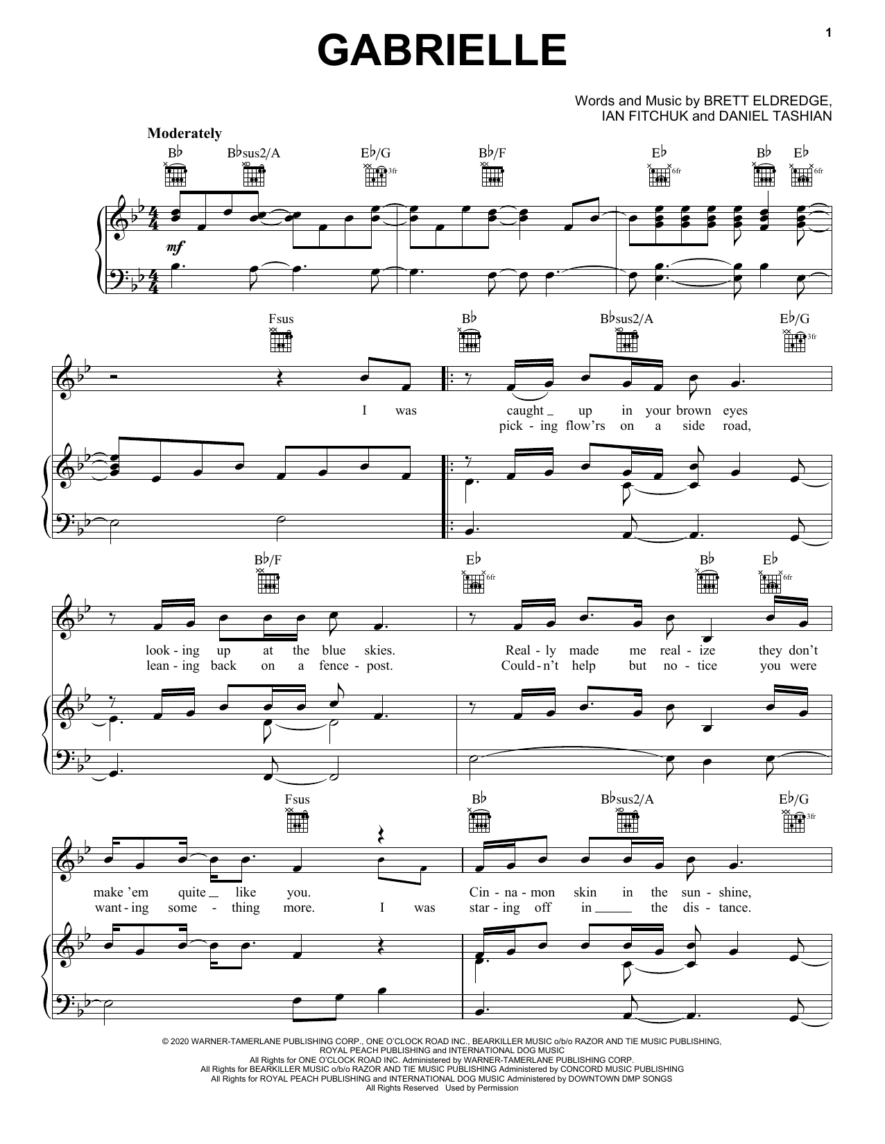 Brett Eldredge Gabrielle sheet music notes and chords arranged for Piano, Vocal & Guitar Chords (Right-Hand Melody)