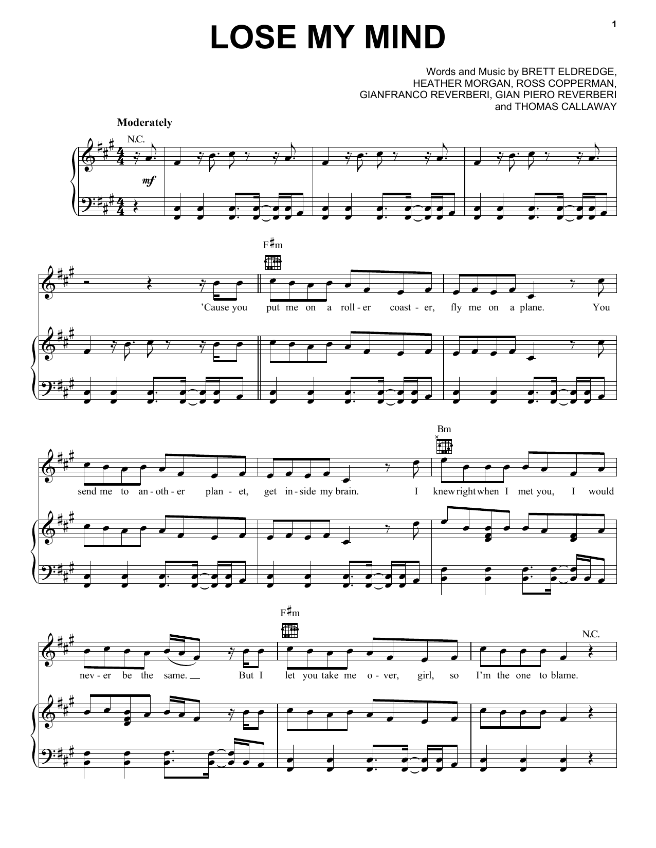 Brett Eldredge Lose My Mind sheet music notes and chords arranged for Piano, Vocal & Guitar Chords (Right-Hand Melody)