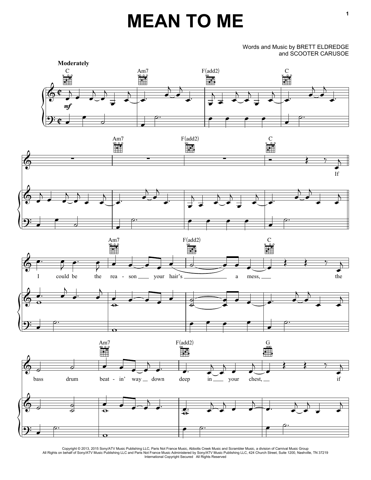 Brett Eldredge Mean To Me sheet music notes and chords arranged for Piano, Vocal & Guitar Chords (Right-Hand Melody)