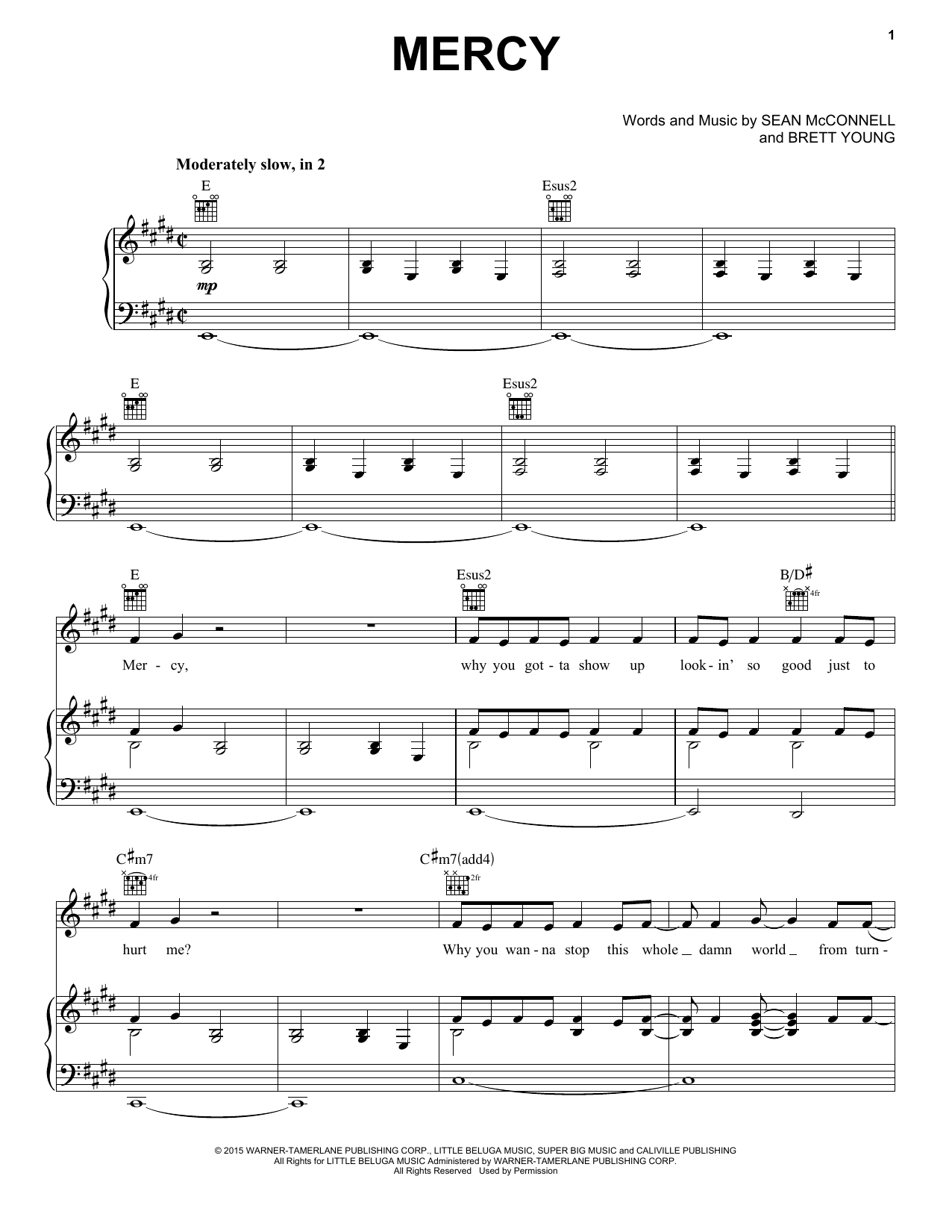 Brett Young Mercy sheet music notes and chords arranged for Piano, Vocal & Guitar Chords (Right-Hand Melody)