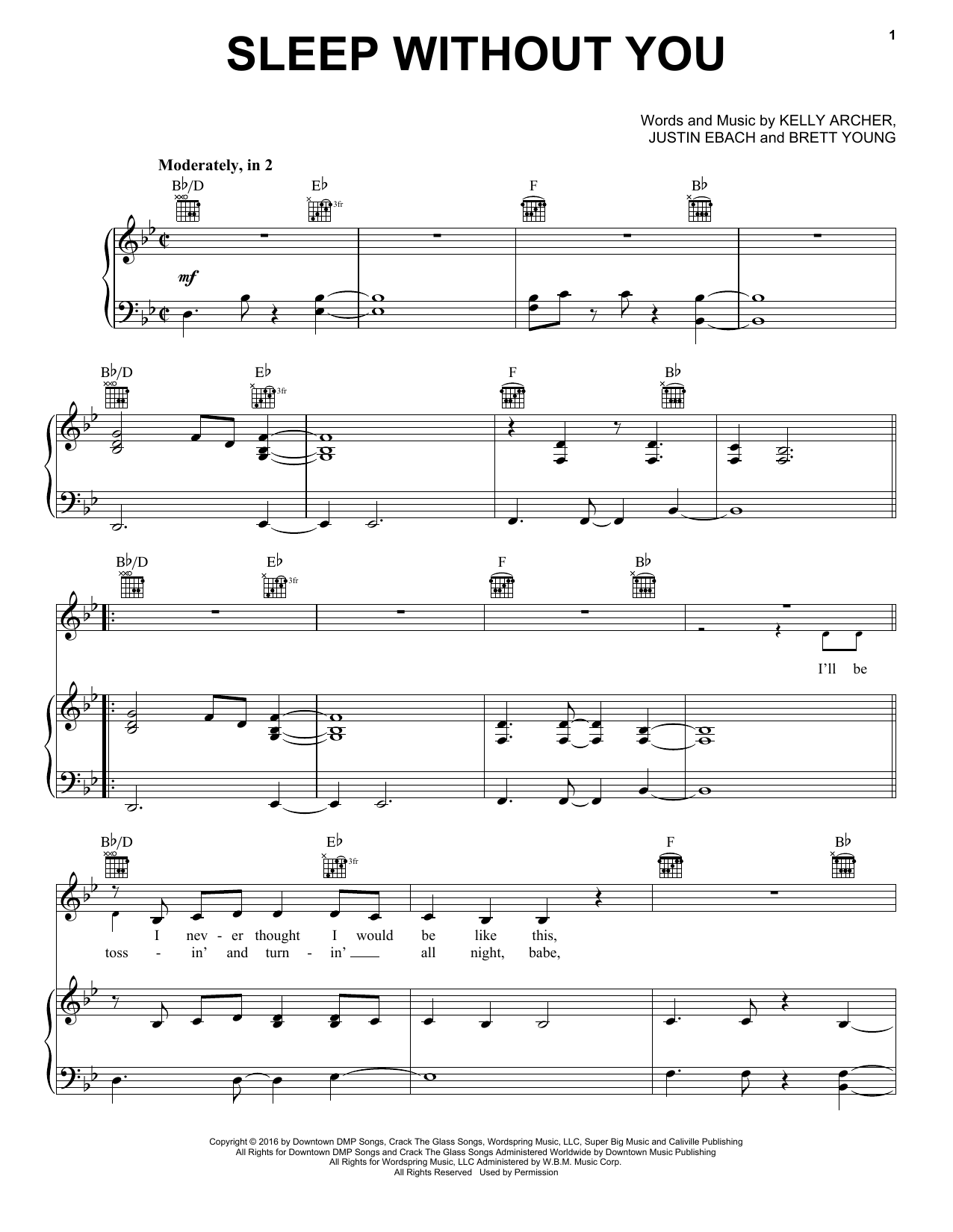 Brett Young Sleep Without You sheet music notes and chords arranged for Piano, Vocal & Guitar Chords (Right-Hand Melody)