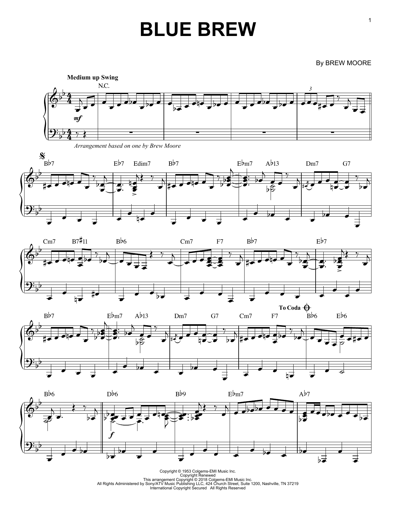 Brew Moore Blue Brew sheet music notes and chords arranged for Piano Solo