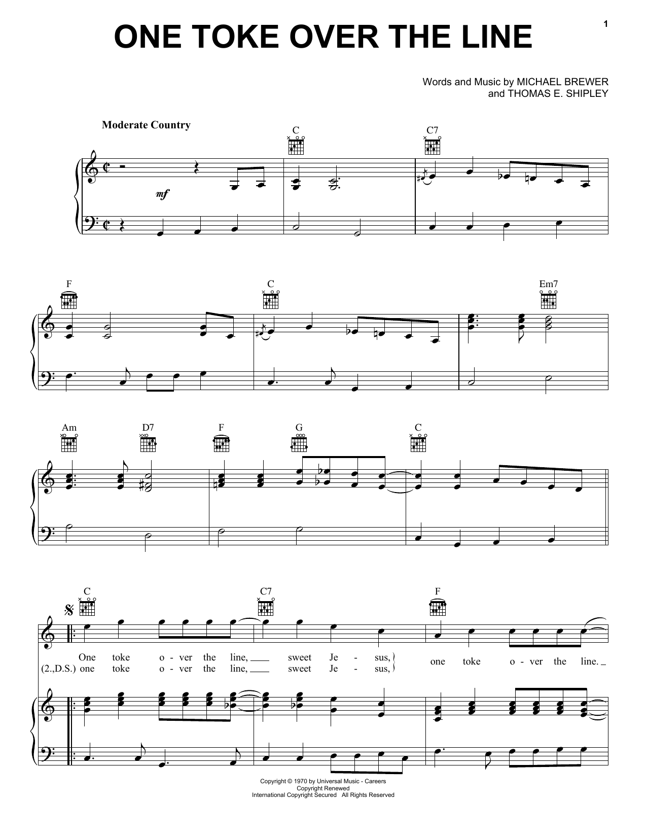 Brewer & Shipley One Toke Over The Line sheet music notes and chords arranged for Piano, Vocal & Guitar Chords (Right-Hand Melody)