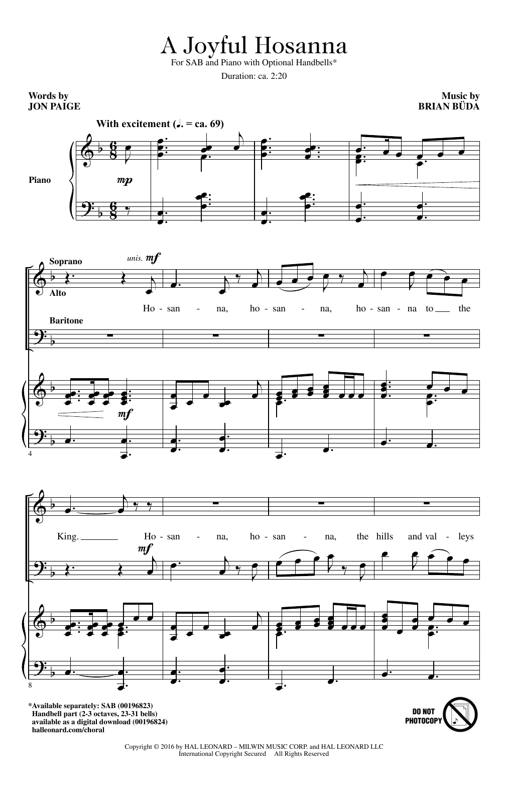 Brian Buda A Joyful Hosanna sheet music notes and chords arranged for SAB Choir