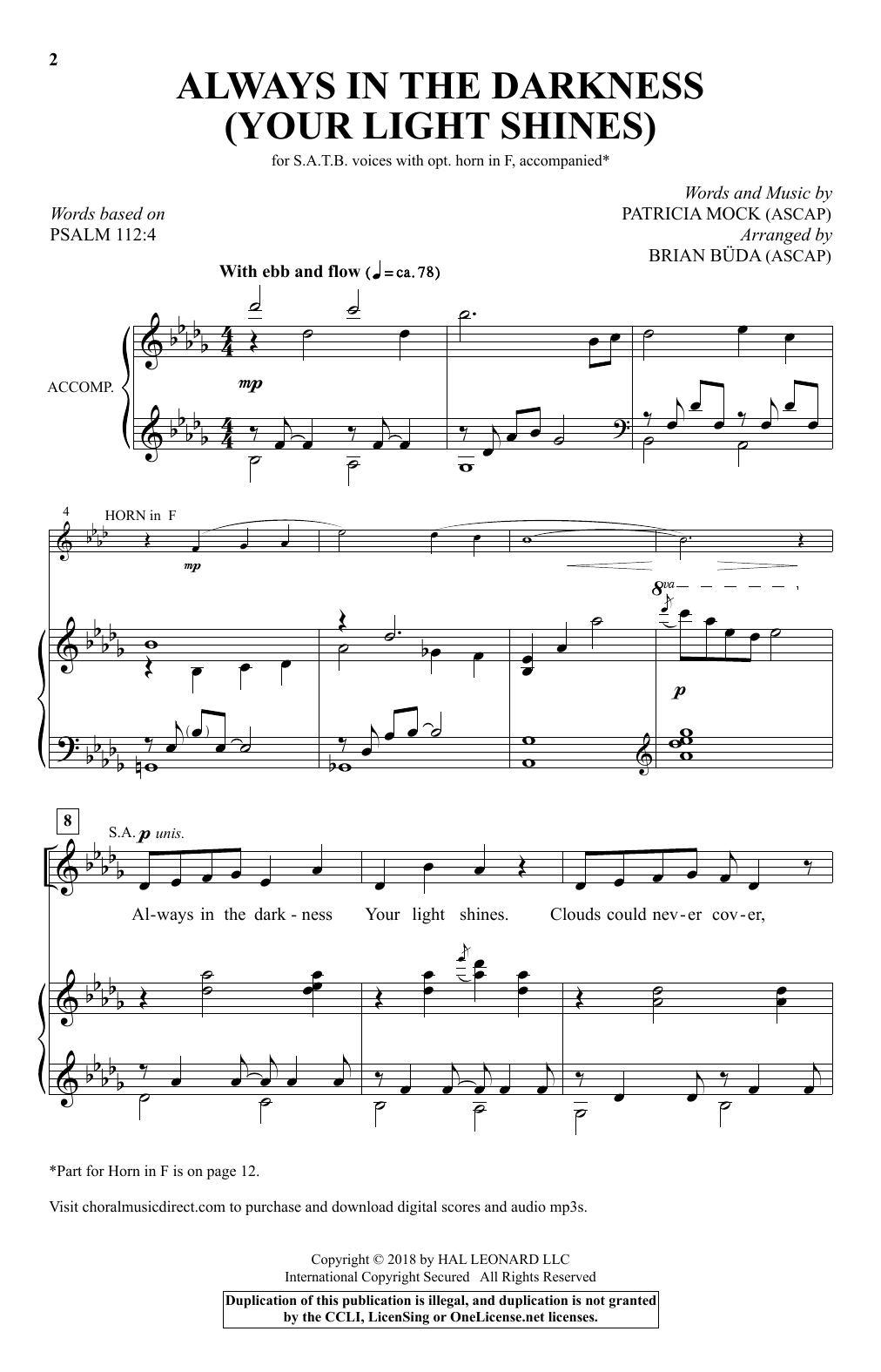 Brian Buda Always In The Darkness (Your Light Shines) sheet music notes and chords arranged for SATB Choir