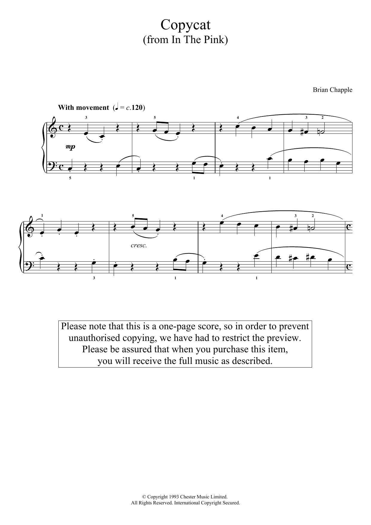 Brian Chapple Copycat (from In The Pink) sheet music notes and chords arranged for Piano Solo