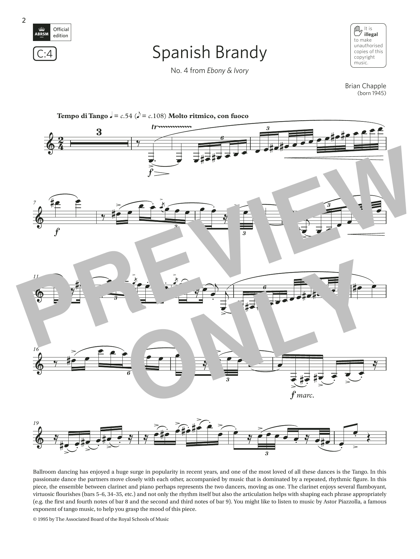 Brian Chapple Spanish Brandy (No4 from Ebony & Ivory)(Grade 6 List C4 from the ABRSM Clarinet syllabus from 2022) sheet music notes and chords arranged for Clarinet Solo