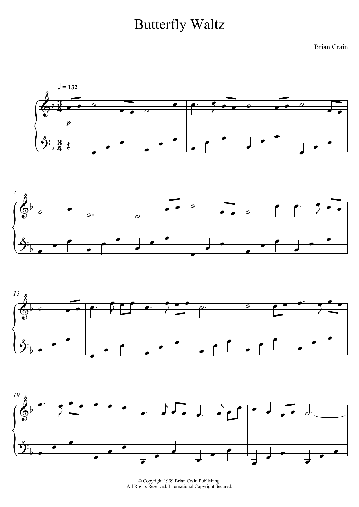 Brian Crain Butterfly Waltz sheet music notes and chords arranged for Easy Piano