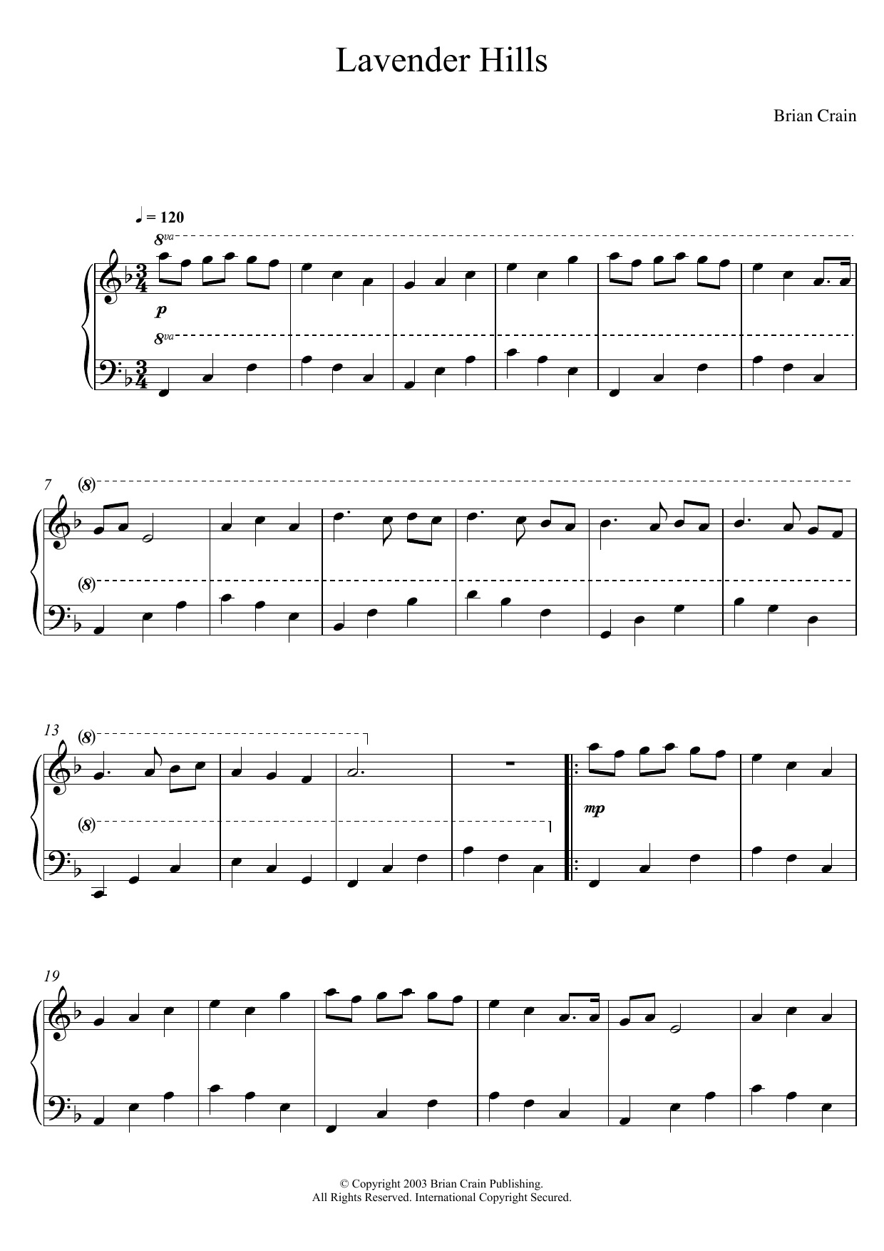 Brian Crain Lavender Hills sheet music notes and chords arranged for Piano Solo