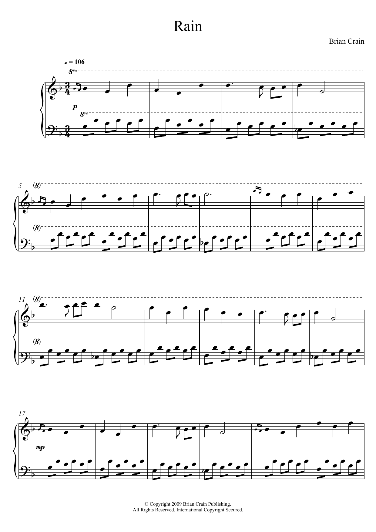 Brian Crain Rain sheet music notes and chords arranged for Piano Solo