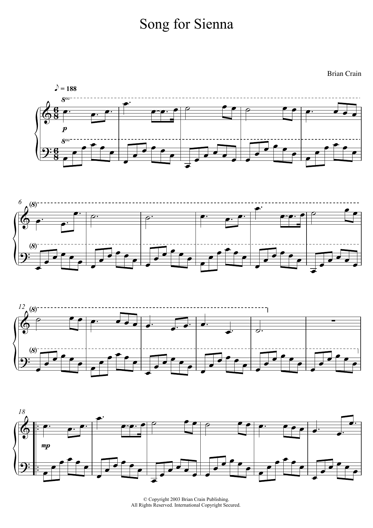 Brian Crain Song For Sienna sheet music notes and chords arranged for Piano Solo