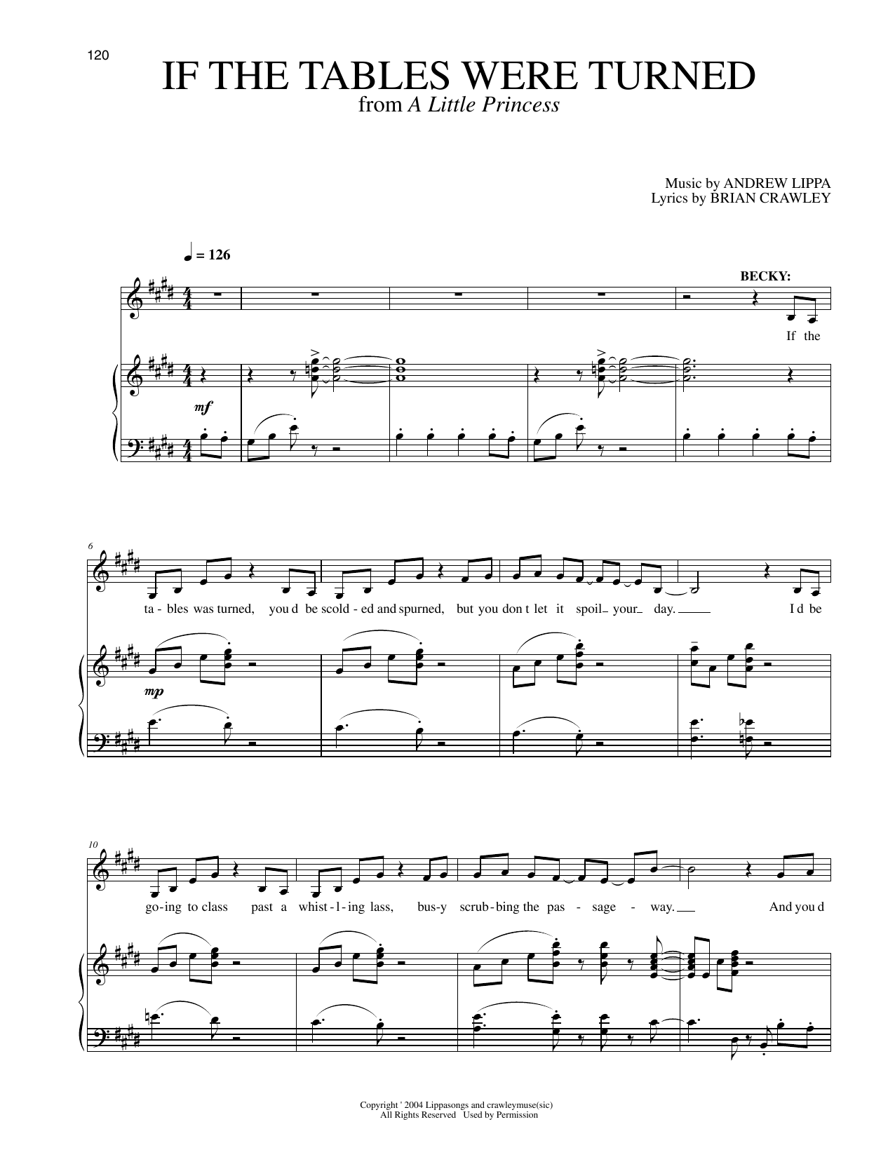 Brian Crawley If The Tables Were Turned (from A Little Princess) sheet music notes and chords arranged for Piano & Vocal