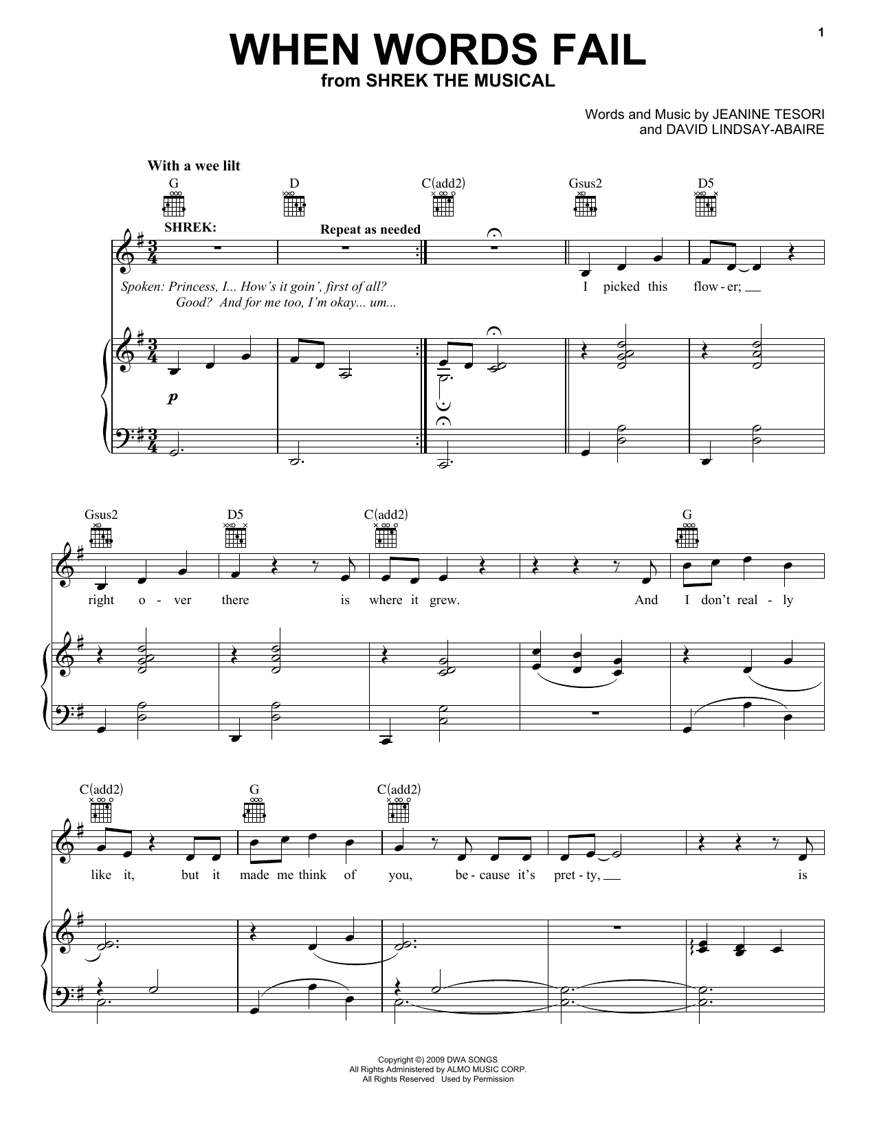 Brian d'Arcy James When Words Fail (from Shrek The Musical) sheet music notes and chords arranged for Vocal Pro + Piano/Guitar