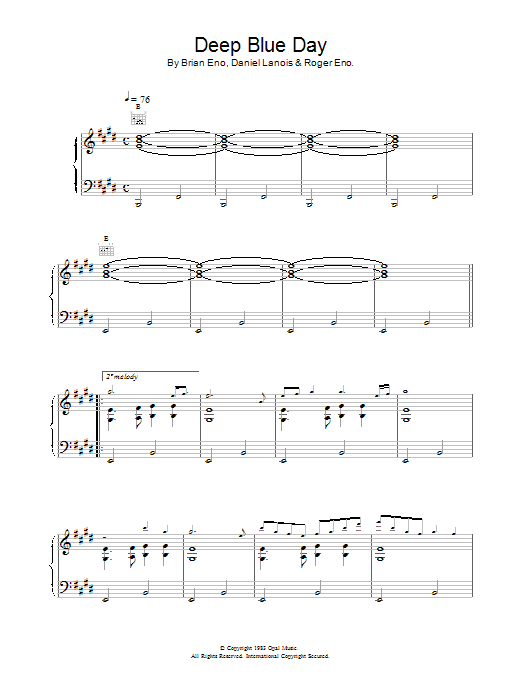 Brian Eno Deep Blue Day sheet music notes and chords arranged for Piano, Vocal & Guitar Chords