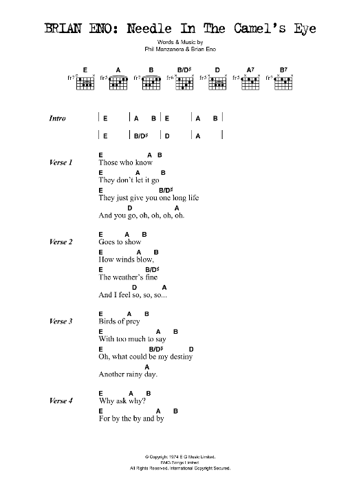 Brian Eno Needle In The Camel's Eye sheet music notes and chords arranged for Guitar Chords/Lyrics