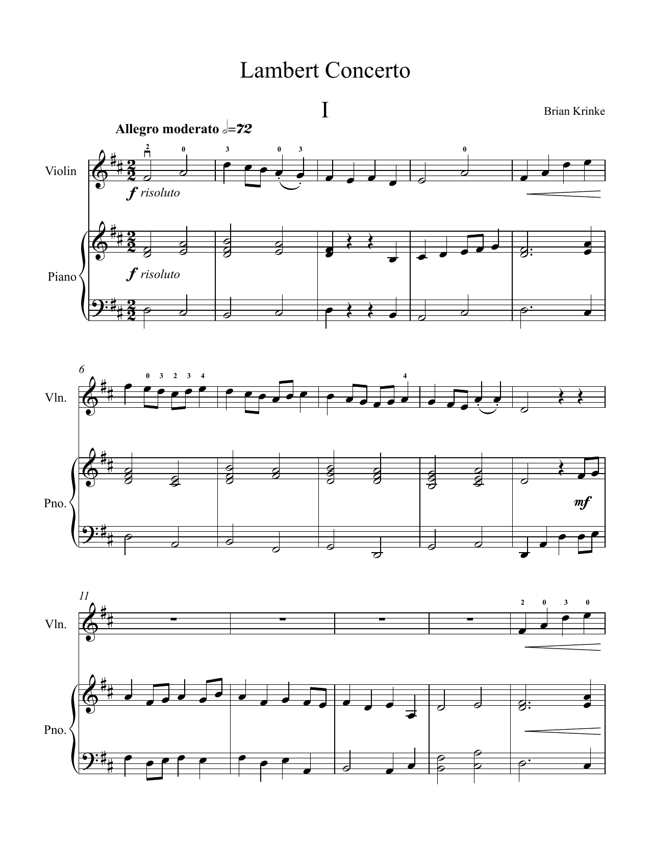 Brian Krinke Lambert Concerto (Violin and piano reduction) sheet music notes and chords arranged for Violin Solo