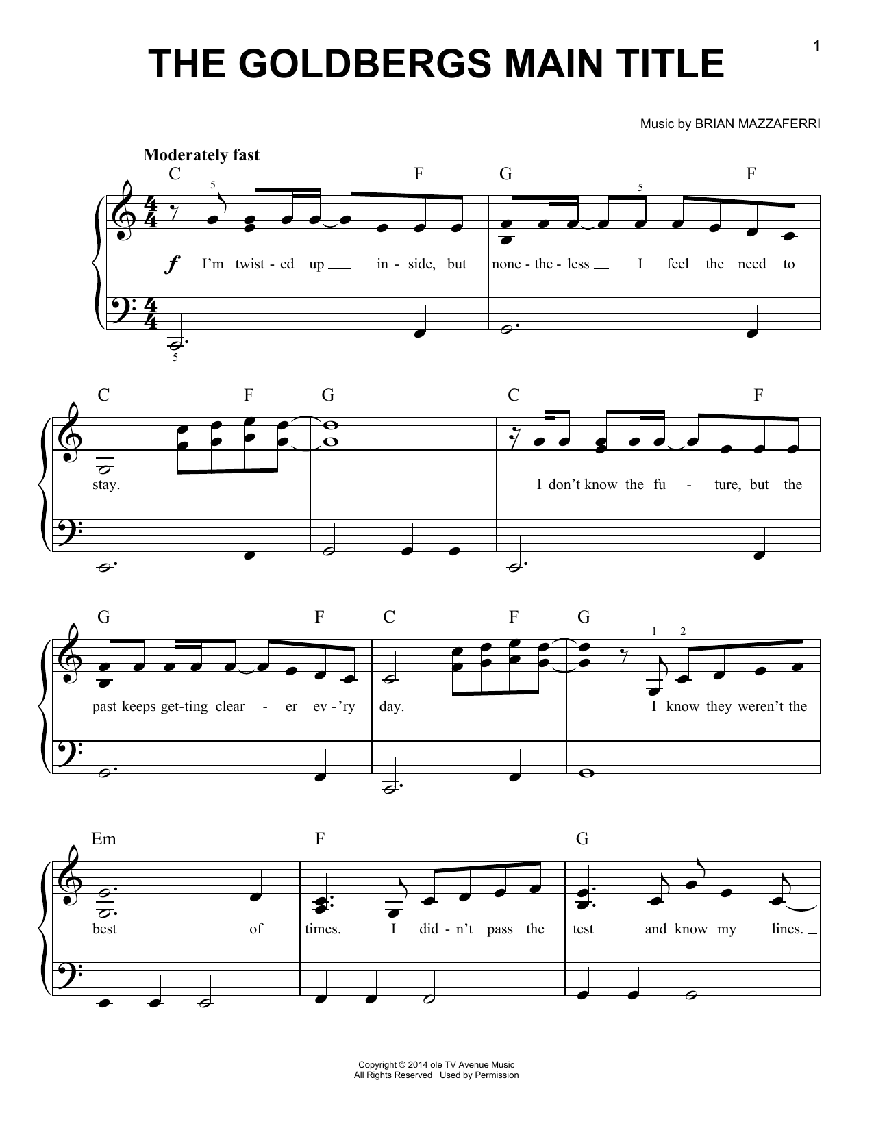 Brian Mazzaferri The Goldbergs Main Title sheet music notes and chords arranged for Very Easy Piano