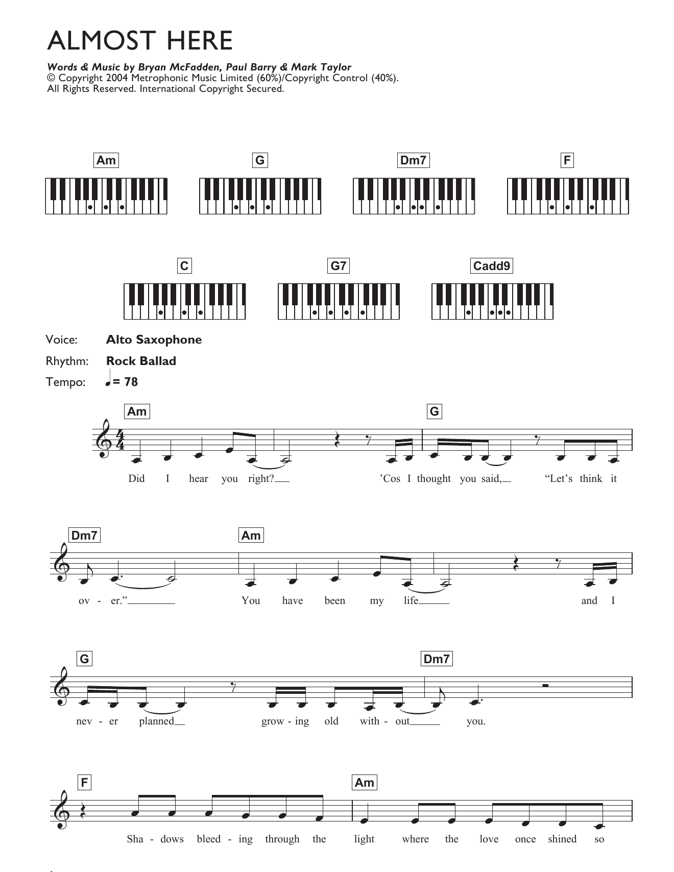 Brian McFadden Almost Here sheet music notes and chords arranged for Piano Chords/Lyrics