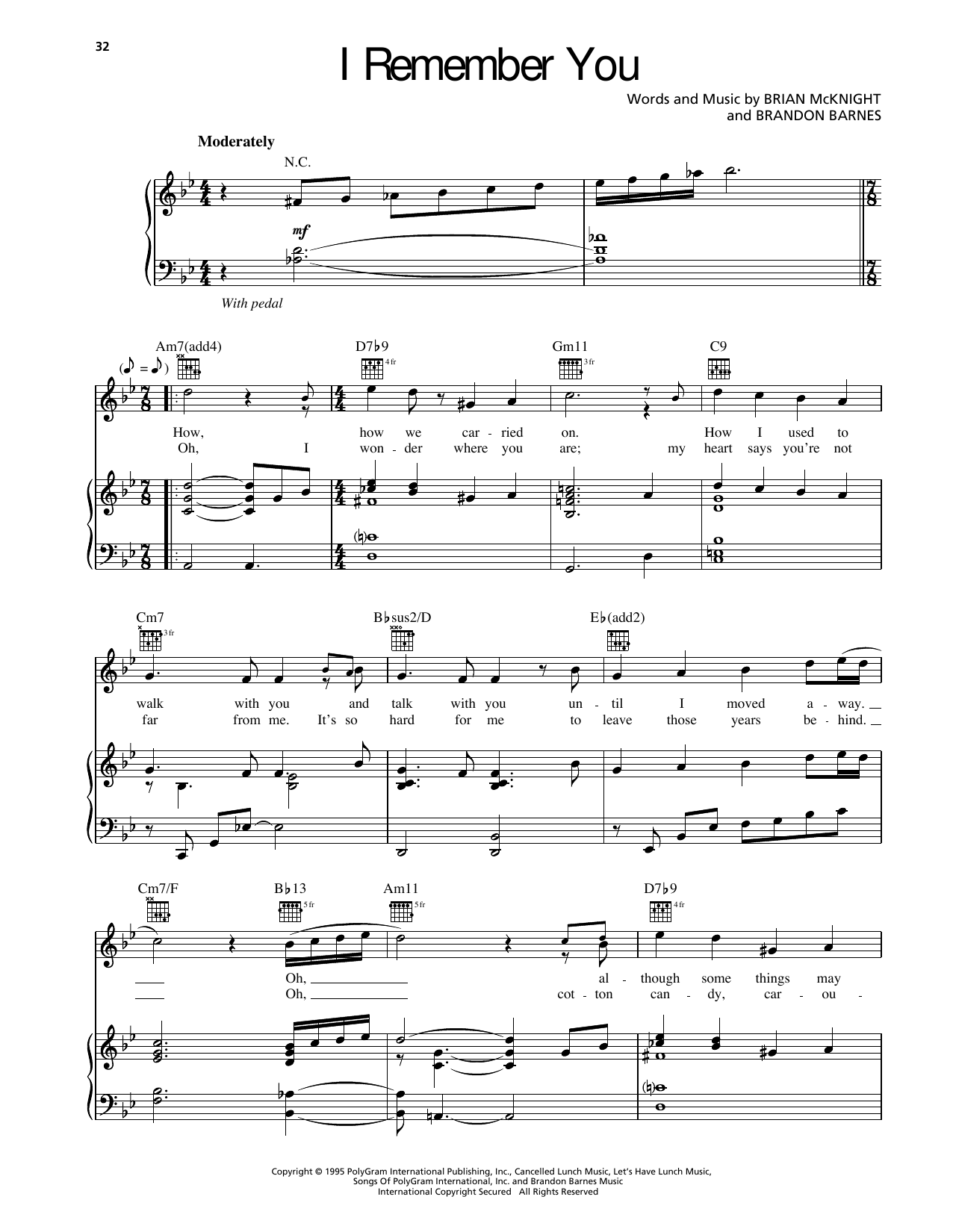 Brian McKnight I Remember You sheet music notes and chords arranged for Piano, Vocal & Guitar Chords (Right-Hand Melody)