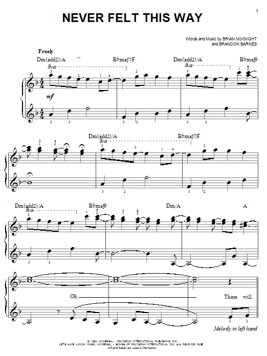 Brian McKnight Never Felt This Way sheet music notes and chords arranged for Easy Piano