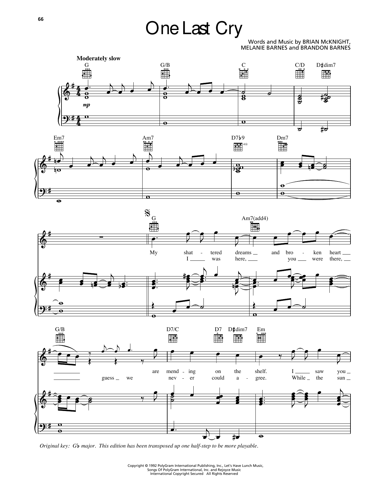 Brian McKnight One Last Cry sheet music notes and chords arranged for Piano, Vocal & Guitar Chords (Right-Hand Melody)