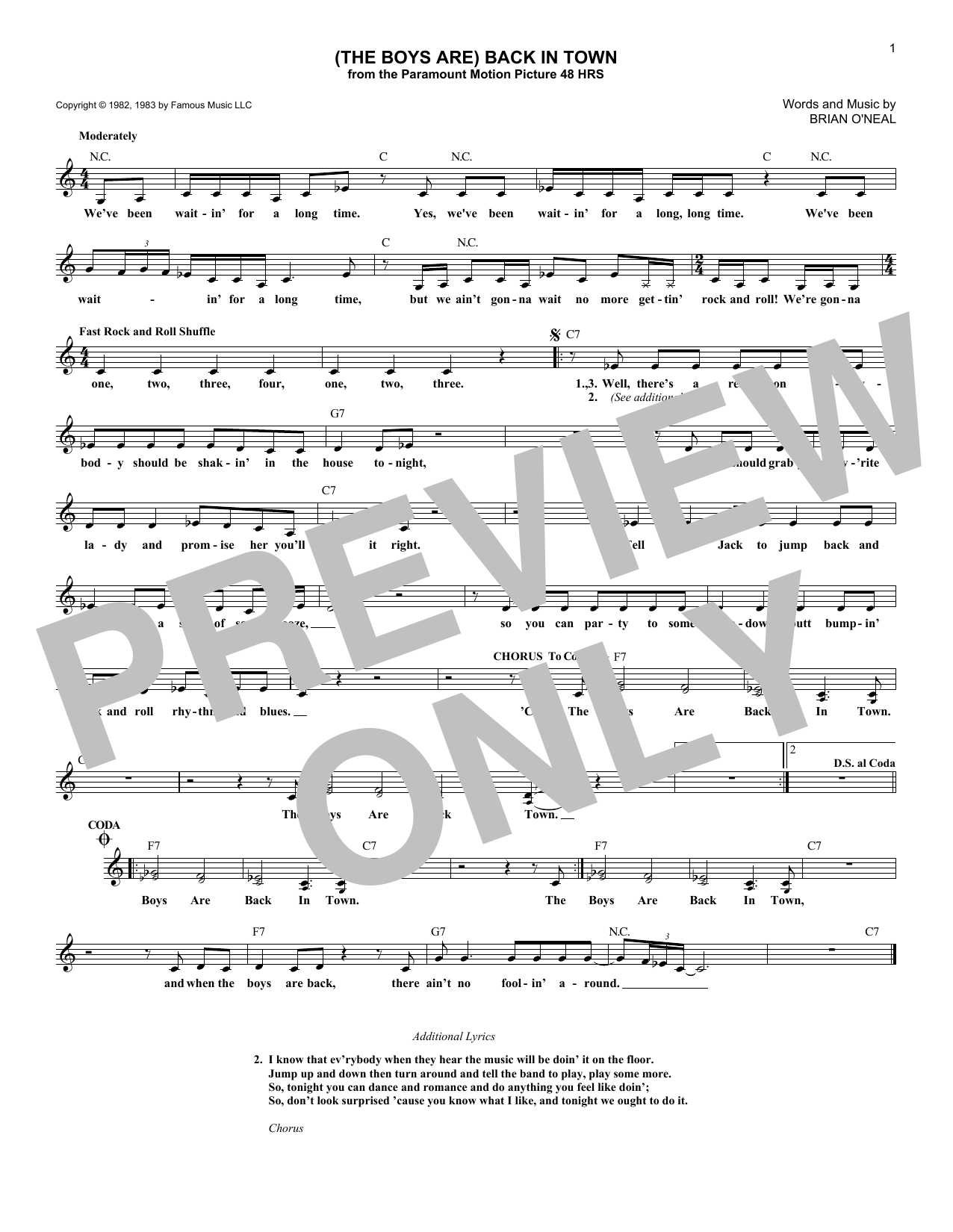 Brian O'Neal (The Boys Are) Back In Town sheet music notes and chords arranged for Lead Sheet / Fake Book