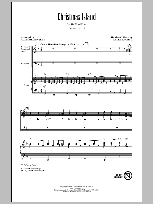Brian Setzer Christmas Island (arr. Alan Billingsley) sheet music notes and chords arranged for SATB Choir