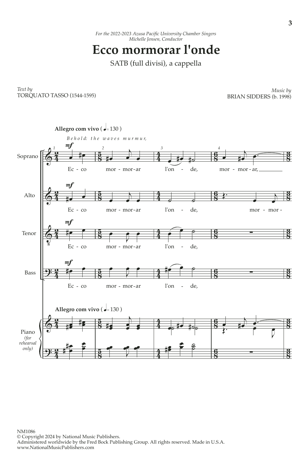 Brian Sidders Ecco mormorar l'onde sheet music notes and chords arranged for SATB Choir