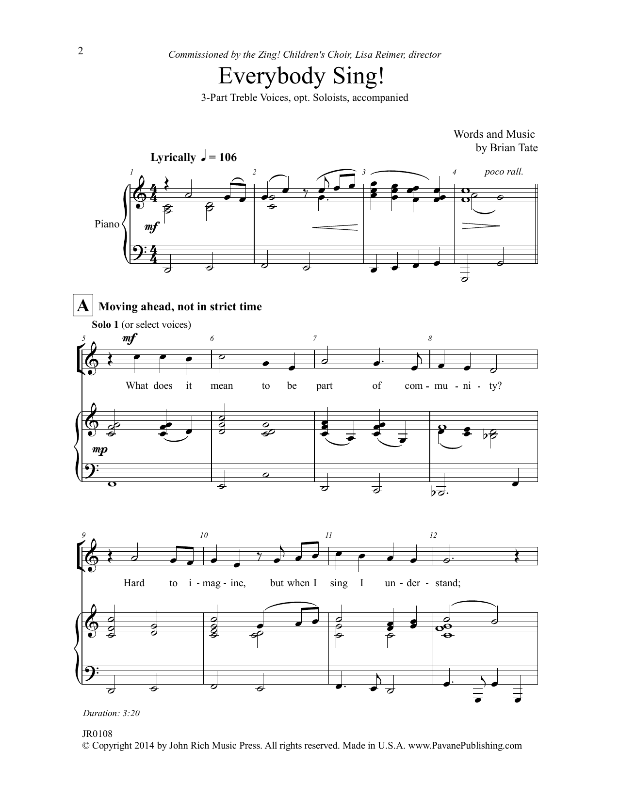 Brian Tate Everybody Sing! sheet music notes and chords arranged for 3-Part Treble Choir