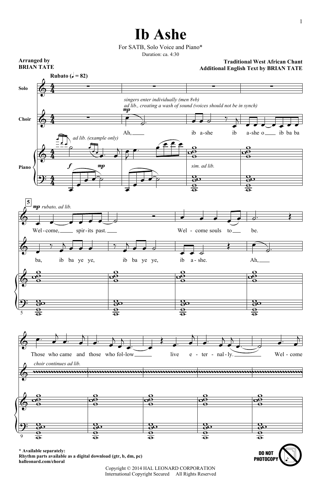 Brian Tate Ib Ashe sheet music notes and chords arranged for SATB Choir