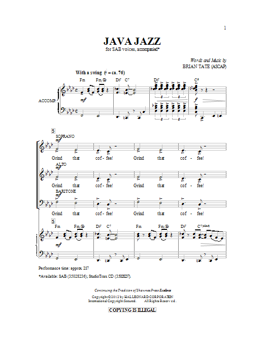 Brian Tate Java Jazz sheet music notes and chords arranged for SAB Choir