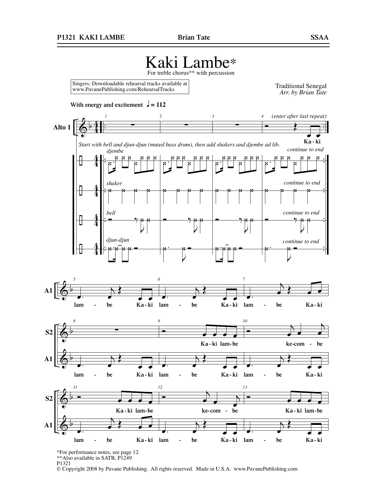 Brian Tate Kaki Lambe sheet music notes and chords arranged for SSA Choir