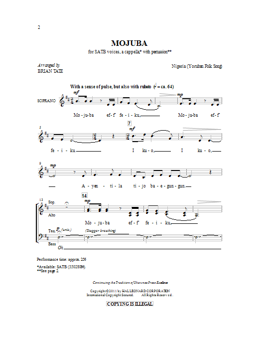 Brian Tate Mojuba sheet music notes and chords arranged for SATB Choir