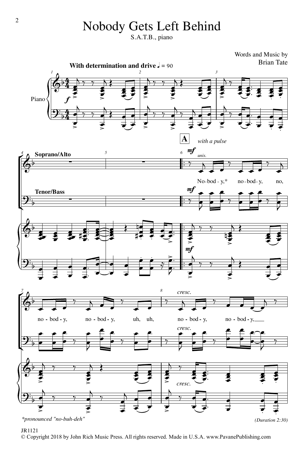 Brian Tate No Body Gets Left Behind sheet music notes and chords arranged for SATB Choir