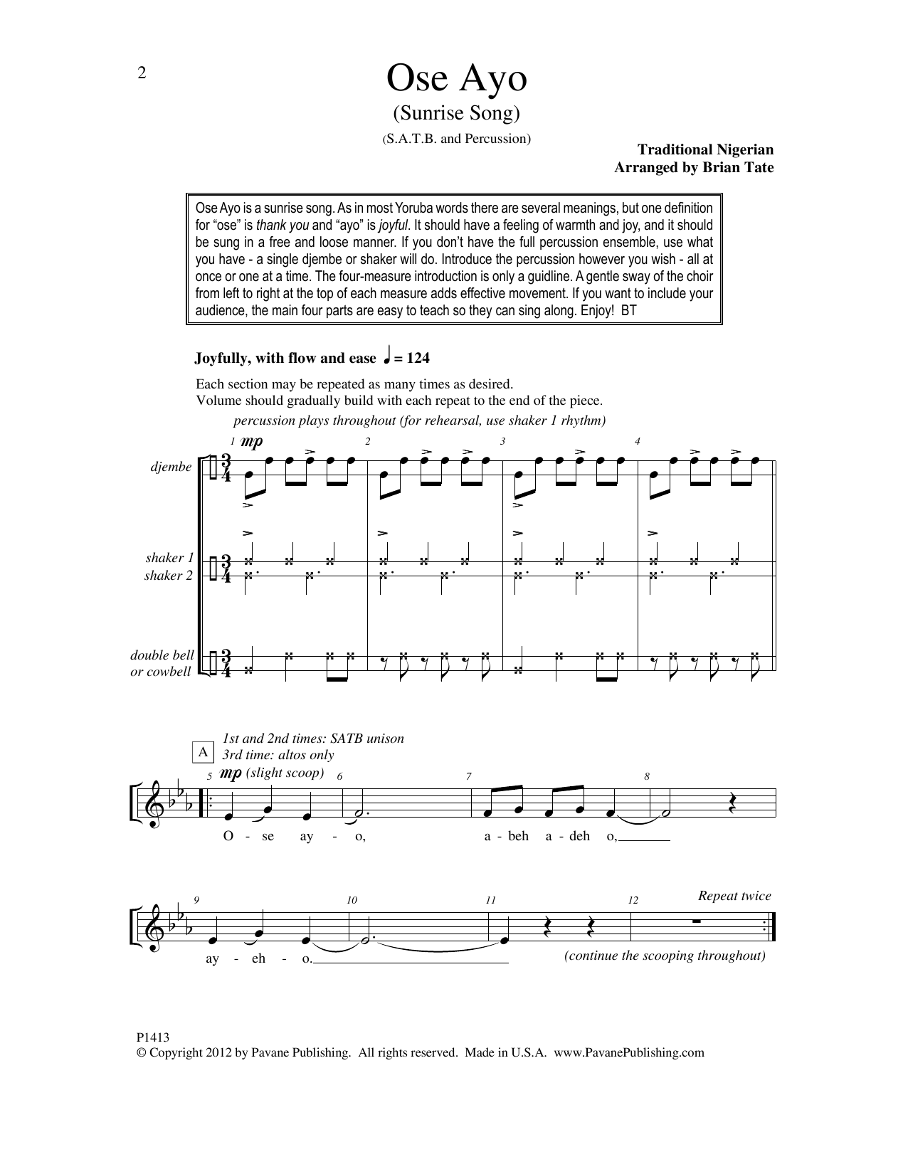 Brian Tate Ose Ayo (Sunrise Song) sheet music notes and chords arranged for SATB Choir