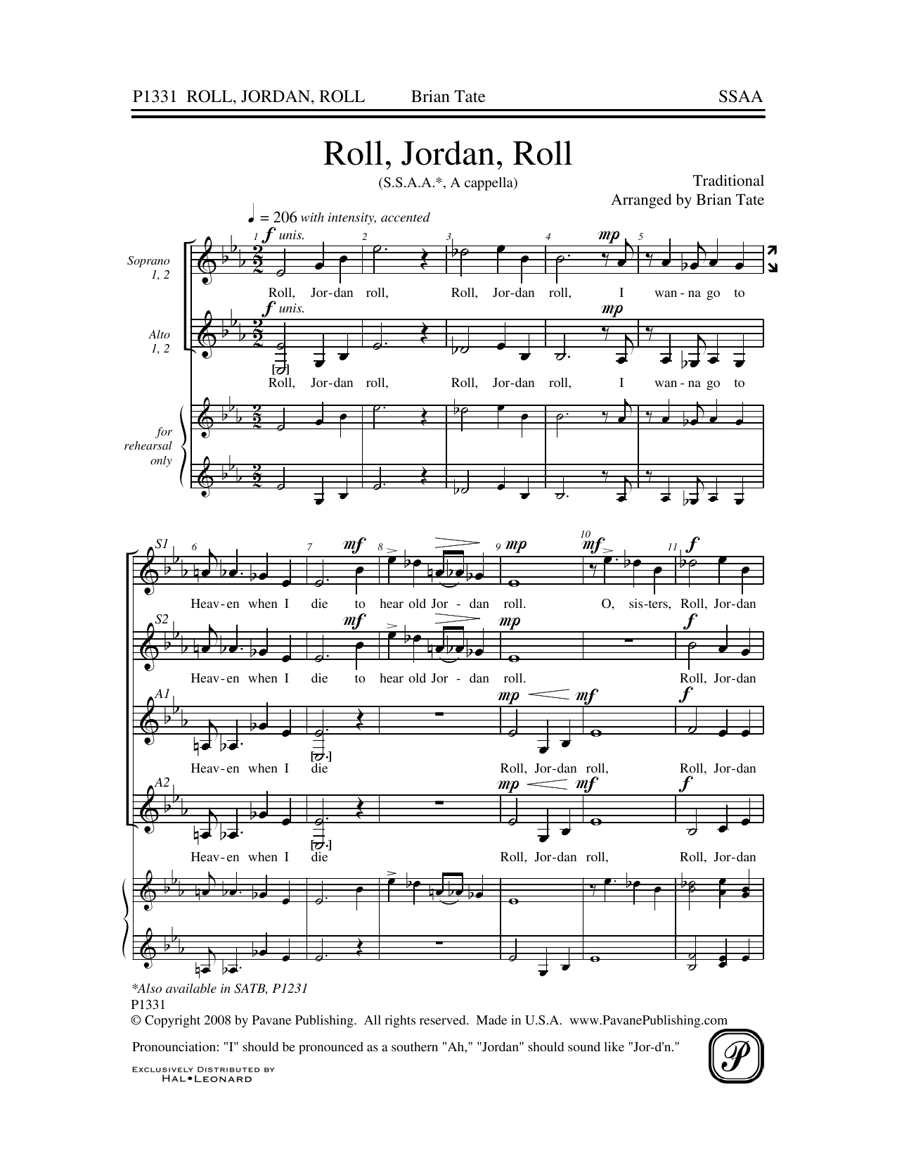 Brian Tate Roll, Jordan, Roll sheet music notes and chords arranged for SSA Choir