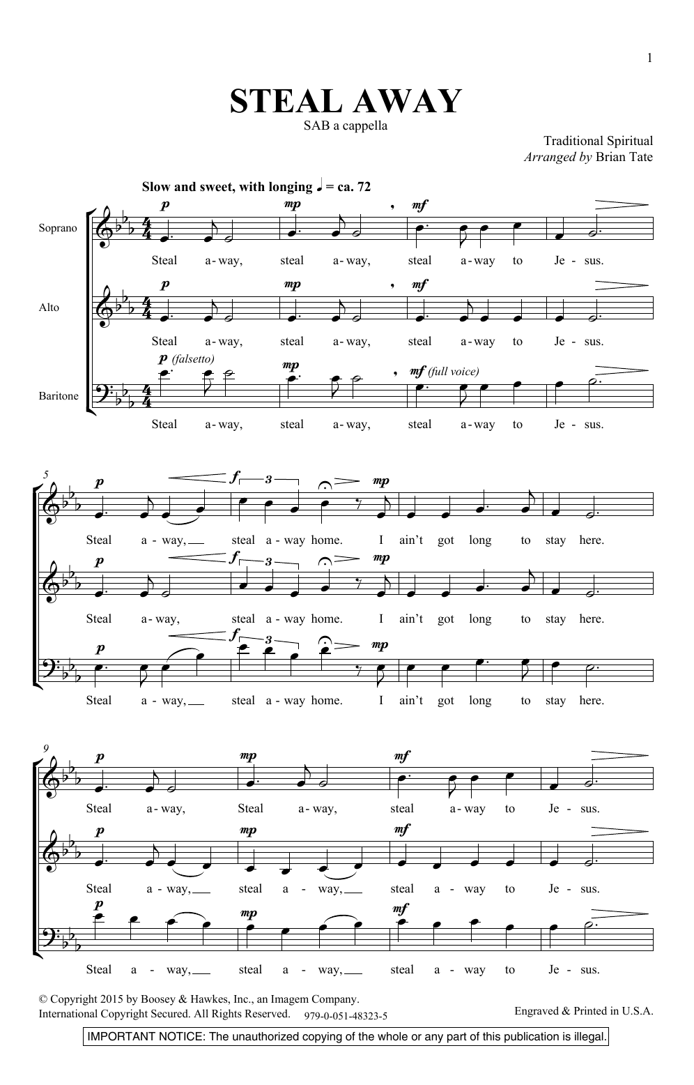 Brian Tate Steal Away sheet music notes and chords arranged for SAB Choir