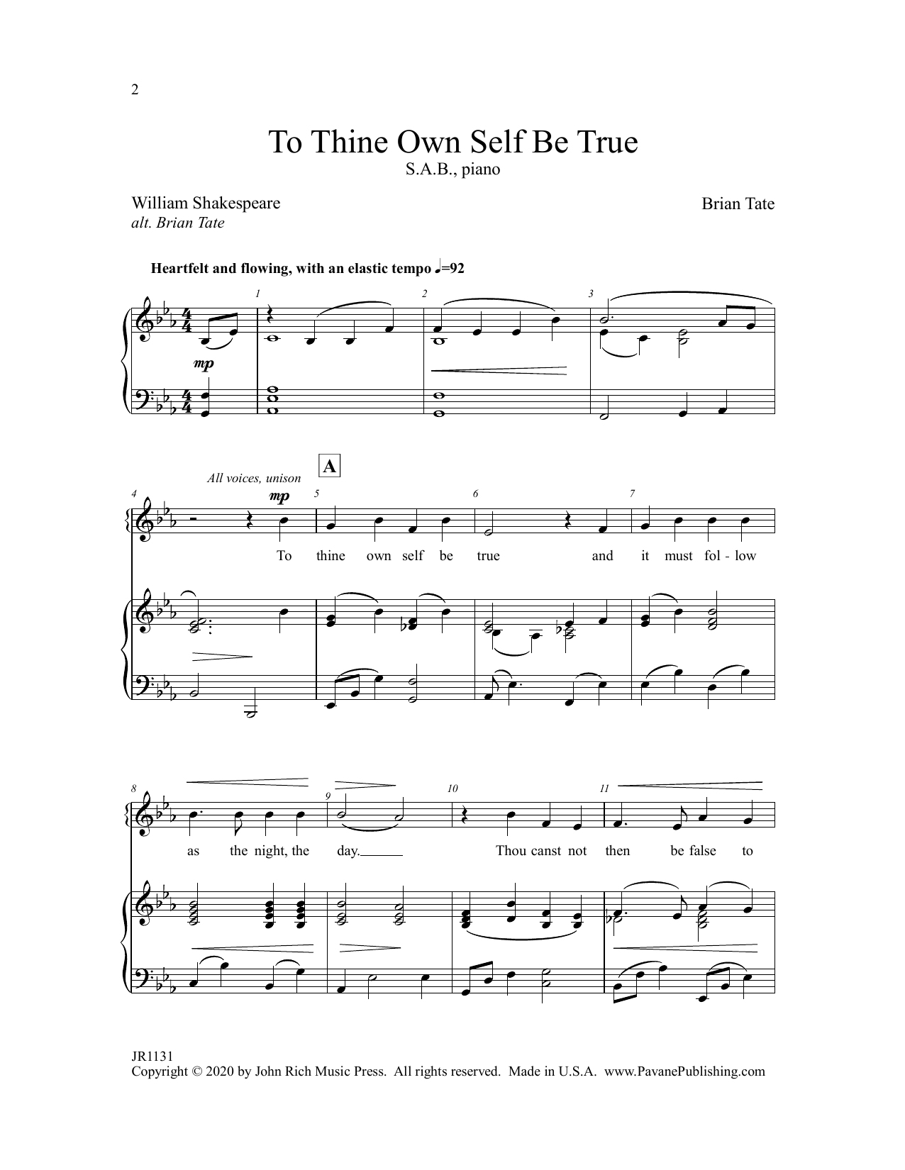Brian Tate To Thine Own Self Be True sheet music notes and chords arranged for SAB Choir
