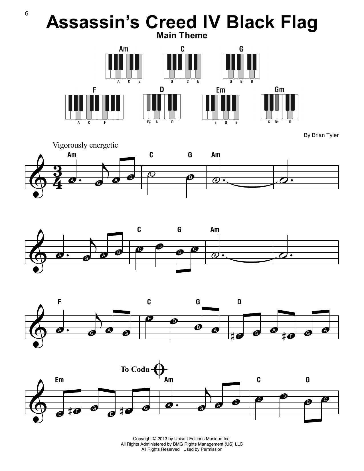 Brian Tyler Assassin's Creed IV Black Flag (Main Theme) sheet music notes and chords arranged for Easy Piano Solo