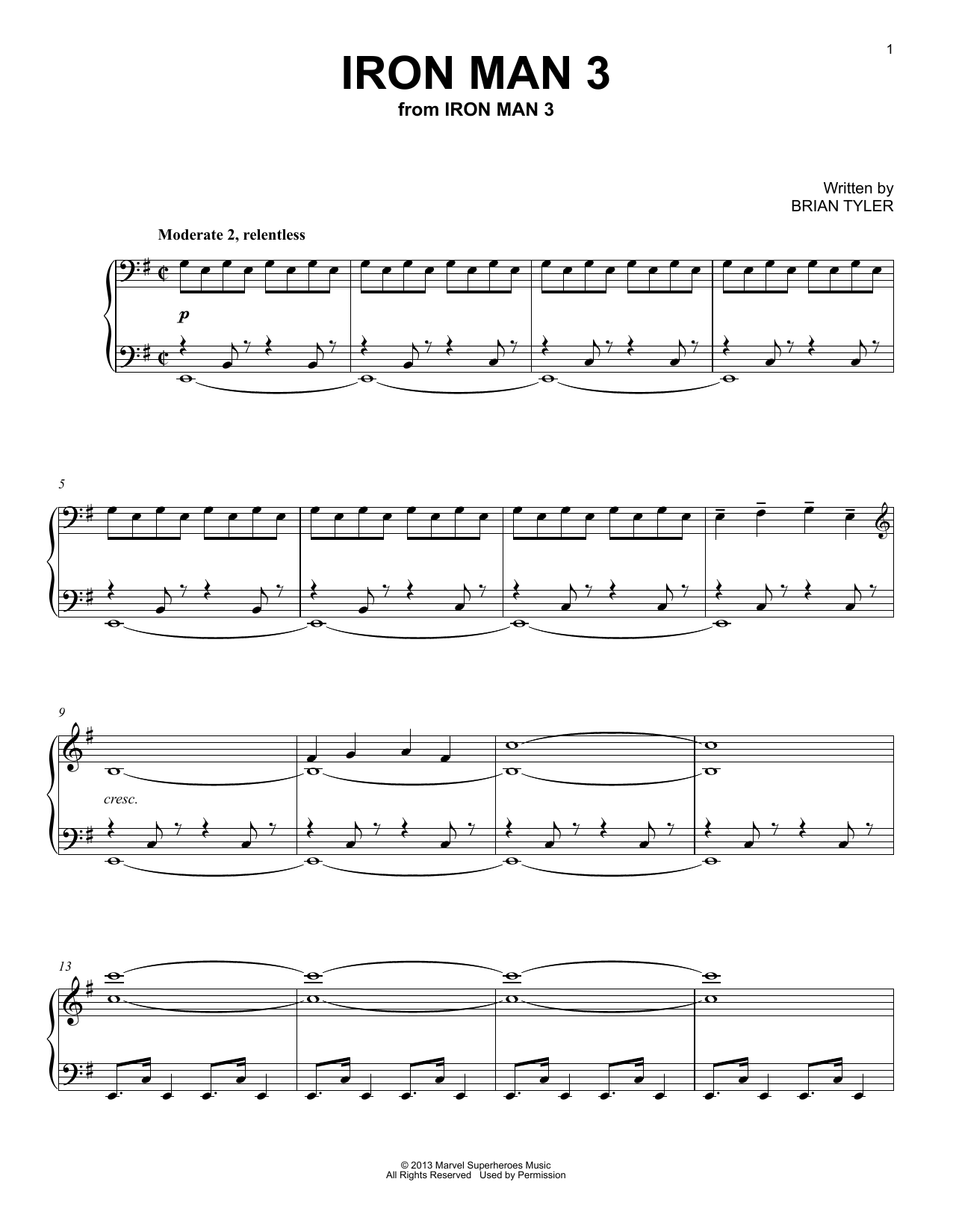 Brian Tyler Iron Man 3 sheet music notes and chords arranged for Piano Solo