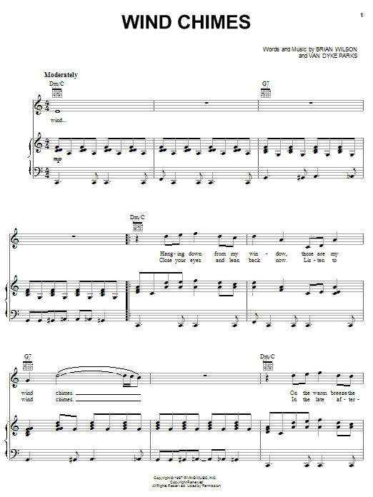 Brian Wilson Wind Chimes sheet music notes and chords arranged for Piano, Vocal & Guitar Chords (Right-Hand Melody)