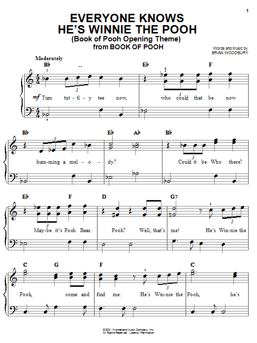 Brian Woodbury Everyone Knows He's Winnie The Pooh (Book Of Pooh Opening Theme) sheet music notes and chords arranged for Piano, Vocal & Guitar Chords (Right-Hand Melody)