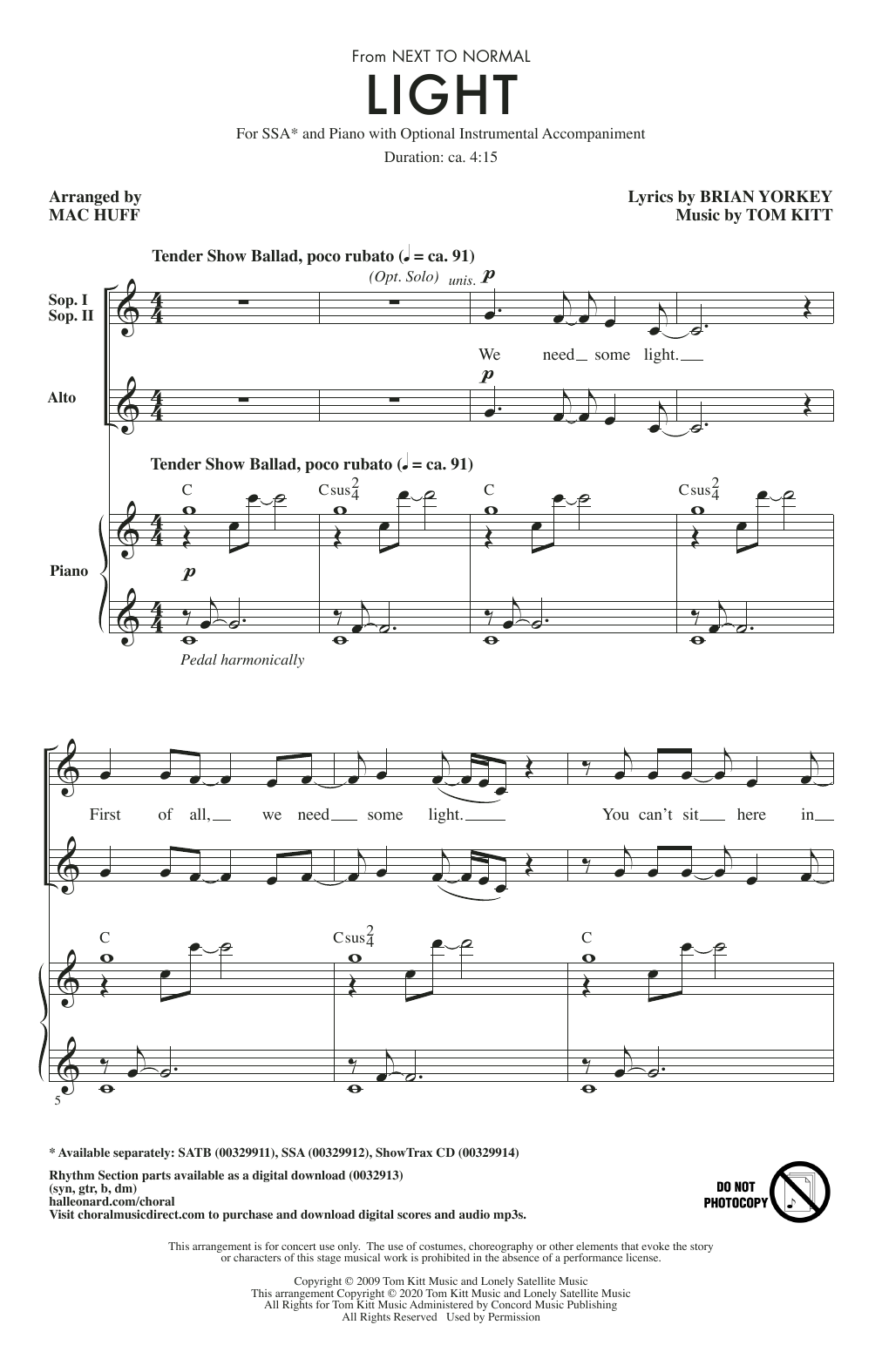 Brian Yorkey & Tom Kitt Light (from Next to Normal) (arr. Mac Huff) sheet music notes and chords arranged for SSA Choir
