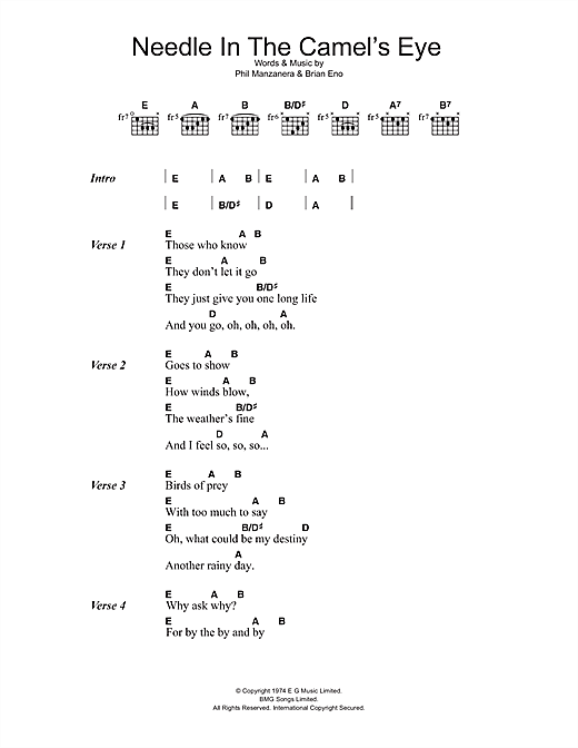Brian Eno Needle In The Camel's Eye sheet music notes and chords arranged for Guitar Chords/Lyrics